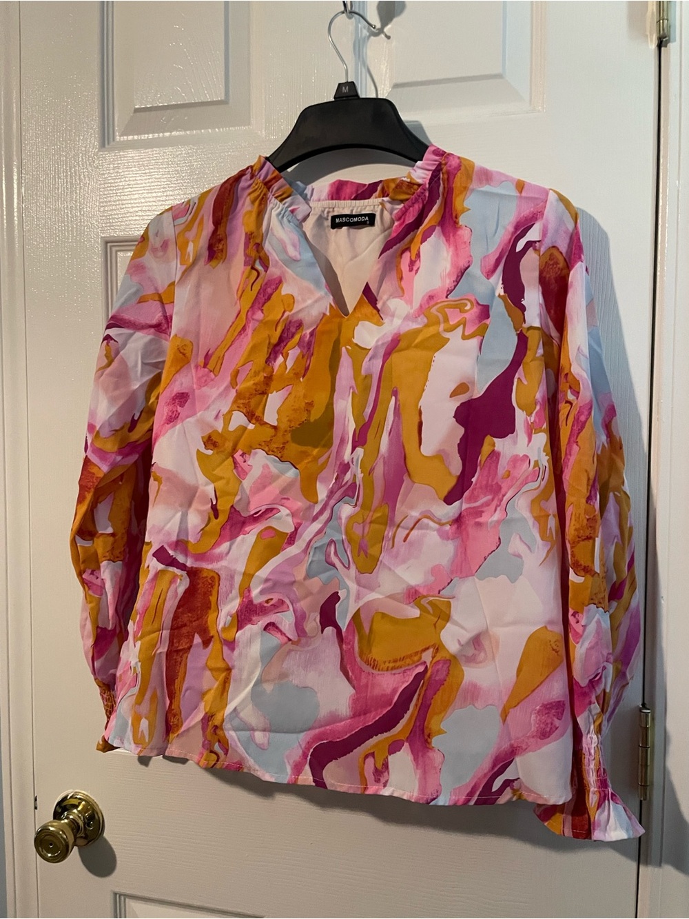 Vince Camuto Pink, Mustard & Light Blue Abstract V-Neck Blouse